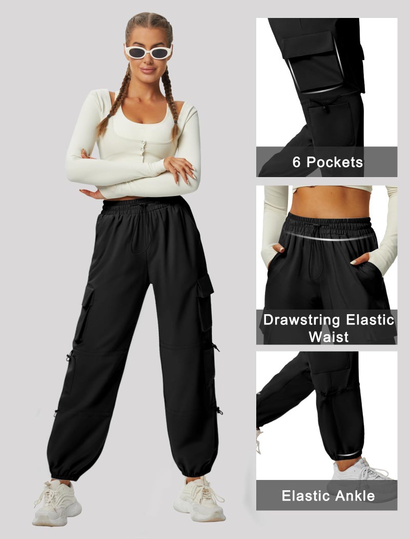 DLOODA Quick Dry Cargo Pants Lightweight Tactical Hiking Pants with 6 Pockets for Women, Elastic Waist and Water-Resistant Black - Image 5