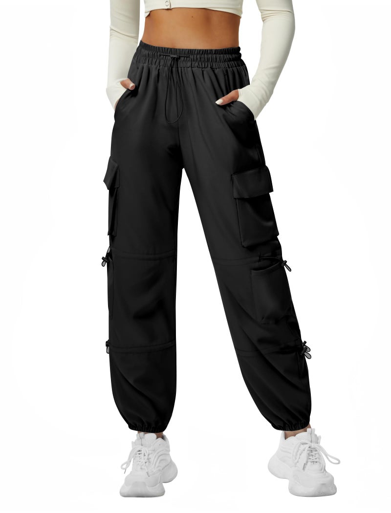 DLOODA Quick Dry Cargo Pants Lightweight Tactical Hiking Pants with 6 Pockets for Women, Elastic Waist and Water-Resistant Black - Image 2