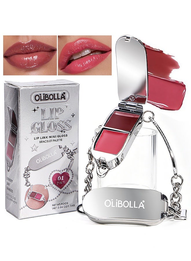 OLIBOLLA Lip Gloss,Lip Link Mini Gloss Bracelet Palette, 2-in-1 Dual Shades Lip Gloss with Mirror & Chain Design 1.14g - Image 1