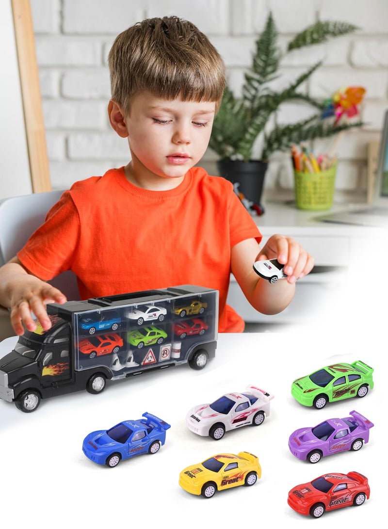 Truck Carrying Case with 6 Die-Cast Cars – Portable Storage Toy Transporter for Kids – Friction-Powered Carrier Truck Set  - Image 2