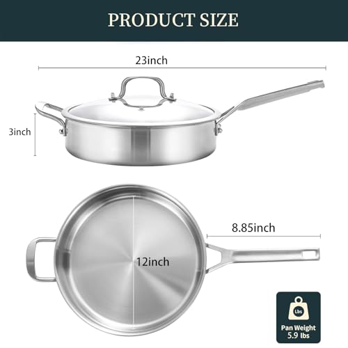 YEKSUM Stainless Steel Saute Pan, Tri-Ply Saute Pan 5QT, 12 Inch Deep Frying Pan with lids, Compatible with All Cooktops Up to 650℉, 3-layer Large Skillet with Stay Cool Handle, Induction Pan, Durable - Image 4
