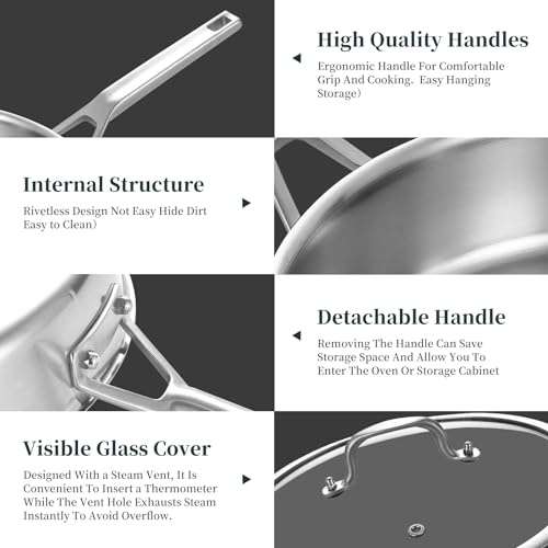 YEKSUM Stainless Steel Saute Pan, Tri-Ply Saute Pan 5QT, 12 Inch Deep Frying Pan with lids, Compatible with All Cooktops Up to 650℉, 3-layer Large Skillet with Stay Cool Handle, Induction Pan, Durable - Image 3