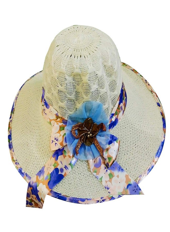 Zeki Womens and Girls Classic Design Summer Sun Protection Fedora Hat and Cap for Travelling (Blue-Cream) - Image 1