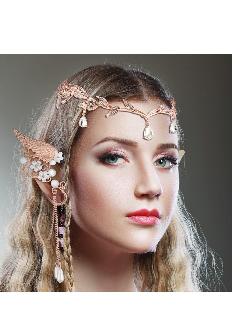 Excefore رباط رأس ورقة الجنية بماسّة مع أكسسوارات أذن الجان وتاج وأقراط لفعاليات التنكر والمناسبات والحفلات، ذهب وردي - Image 1