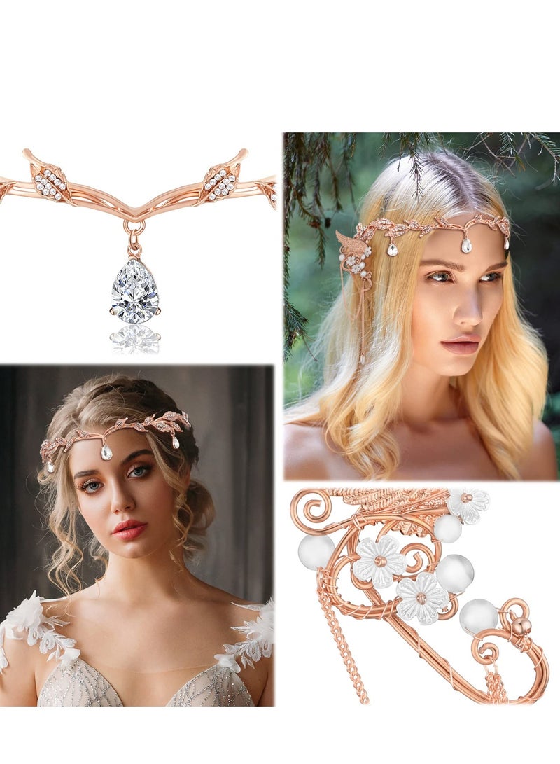 Excefore رباط رأس ورقة الجنية بماسّة مع أكسسوارات أذن الجان وتاج وأقراط لفعاليات التنكر والمناسبات والحفلات، ذهب وردي - Image 5