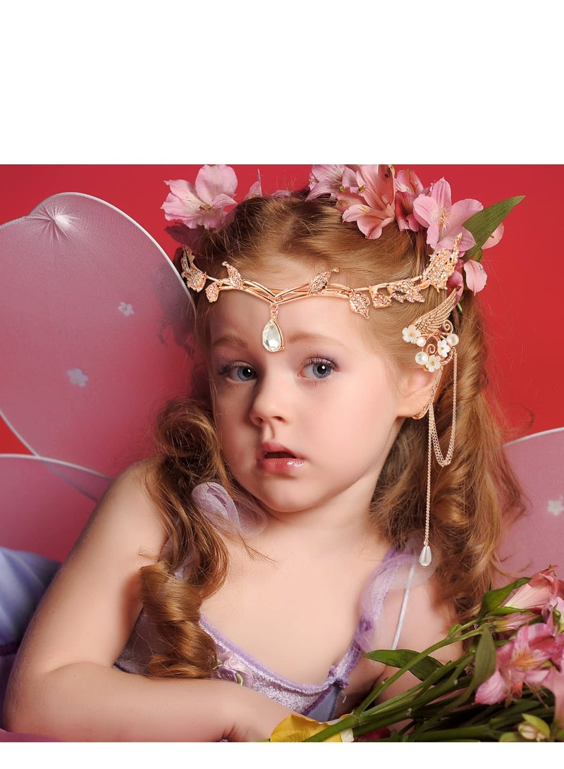 Excefore رباط رأس ورقة الجنية بماسّة مع أكسسوارات أذن الجان وتاج وأقراط لفعاليات التنكر والمناسبات والحفلات، ذهب وردي - Image 2