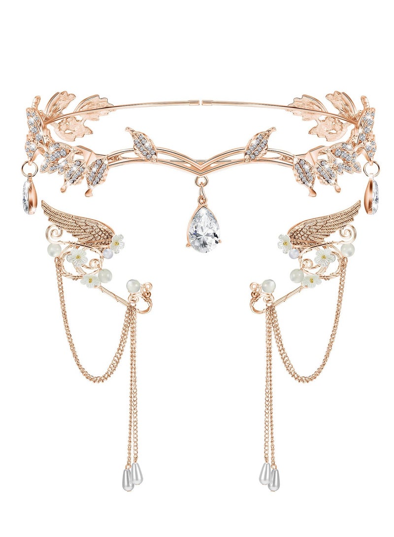 Excefore رباط رأس ورقة الجنية بماسّة مع أكسسوارات أذن الجان وتاج وأقراط لفعاليات التنكر والمناسبات والحفلات، ذهب وردي - Image 3