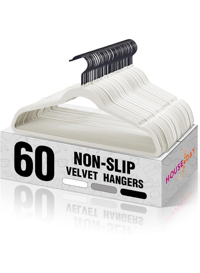 HOUSE DAY HOUSE DAY White Velvet Hangers 60 Pack, Velvet Clothes Hangers Non Slip Felt Hangers, Heavy Duty Coat Hangers for Closet, Ultra Slim Hangers Black Hangers Space Saving Hangers for Suits, Shirt - Image 1