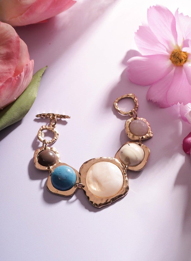MINACHI Bohemian Gold Chunky Bracelet with Cream, Brown & Blue Accents, Women’s Statement Jewelry - Image 5