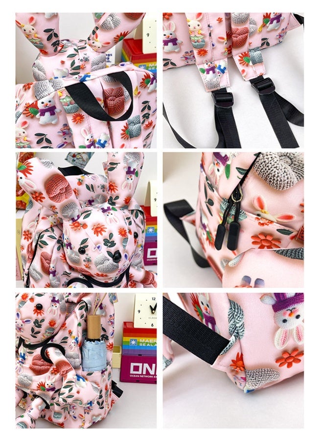 Rabbit Cartoon Backpack 3D Cartoon Print, Cute Rabbit-Shaped Large Capacity Lightweight Canvas Bag, Cartoon Schoolbag - Image 4