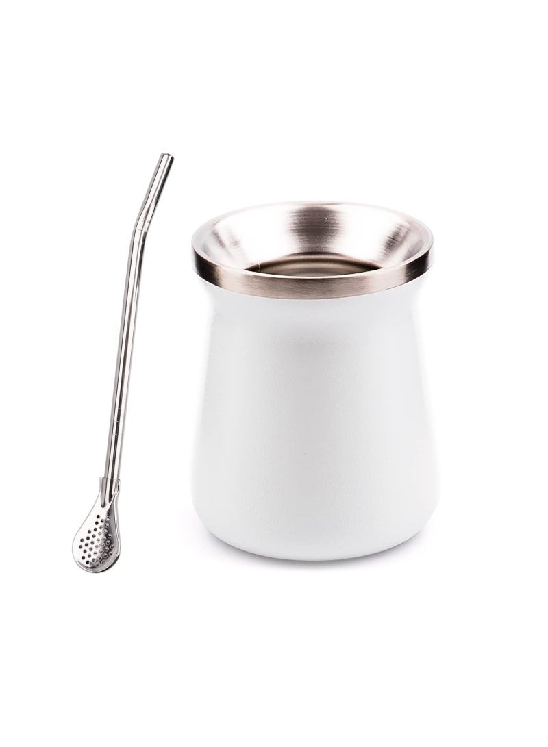 SYOSI Yerba Mate Cup Stainless Steel Mate Cup And Bombilla Set 8oz Yerba Mate Gourd Double Walled Tea Cup With Straw (White)  - Image 1