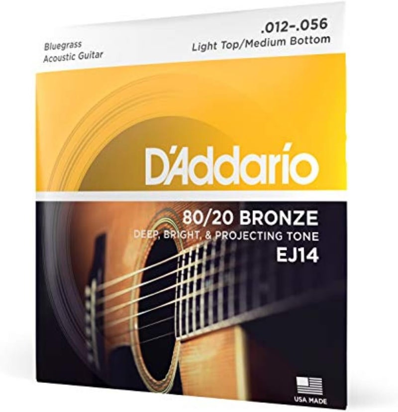 D'Addario Wide range expanded design EJ14 80/20 Bronze Acoustic Guitar Strings, Light Top/Medium Bottom/Bluegrass, 12-56 Easy hand assemble compatible - Image 1