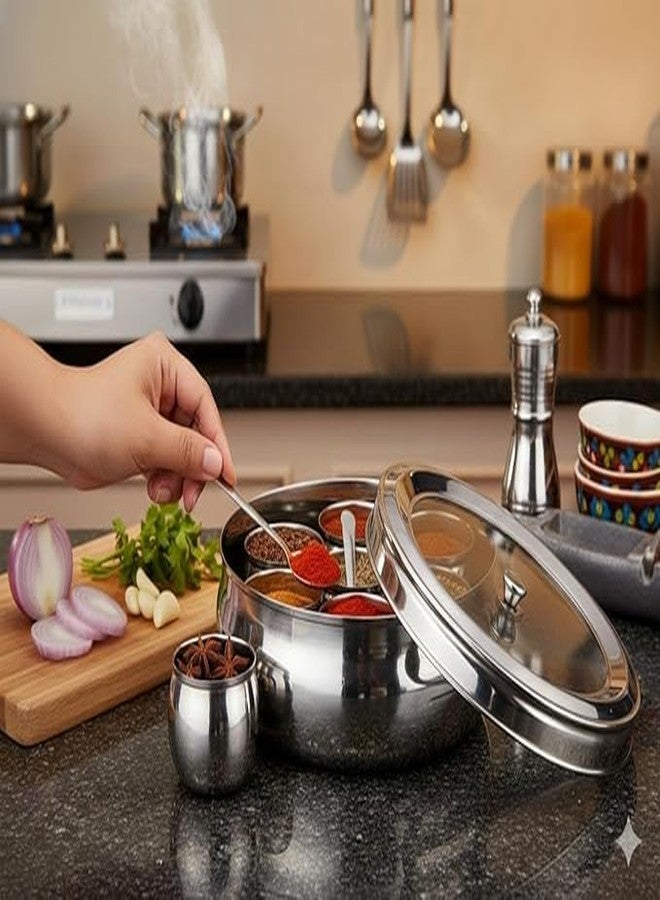 Onions Stainless Steel Belly Masala Dabba with 7 Belly Shape Spice Containers, Lid and Spoon, Traditional Indian Spice Box (Large No 13) - Image 3