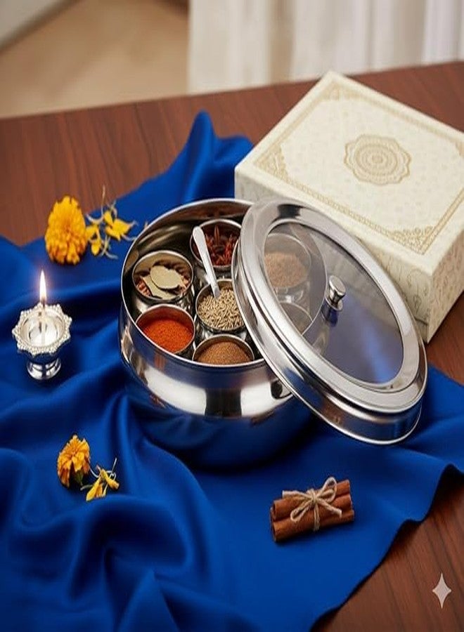 Onions Stainless Steel Belly Masala Dabba with 7 Belly Shape Spice Containers, Lid and Spoon, Traditional Indian Spice Box (Large No 13) - Image 5
