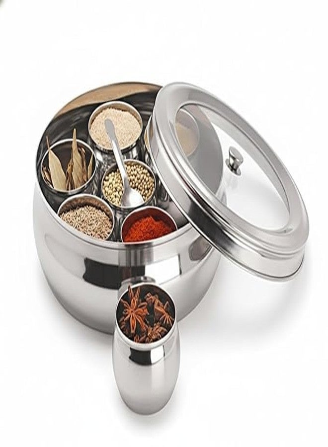 Onions Stainless Steel Belly Masala Dabba with 7 Belly Shape Spice Containers, Lid and Spoon, Traditional Indian Spice Box (Large No 13) - Image 1