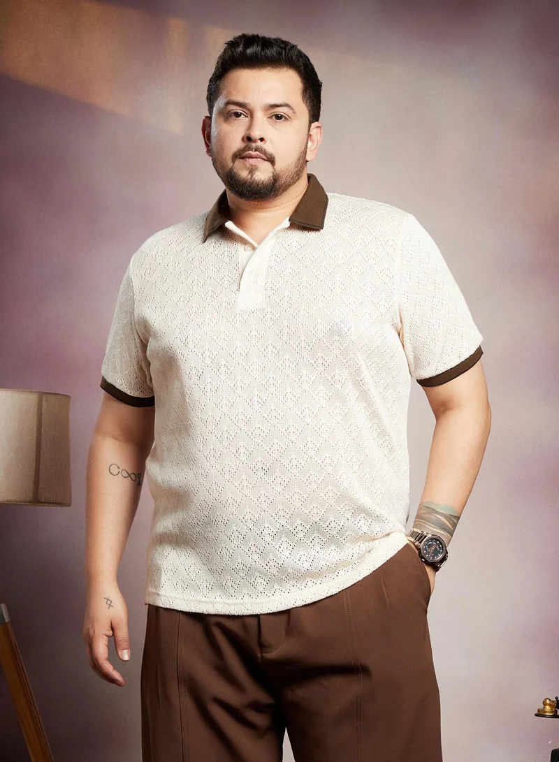 Instafab Plus Instafab Plus Men's White & Brown Contrast Quad Polo T-Shirt For Casual Wear | Polo Neck | Short Cuffed Sleeves | Half-Button Closure | Plus Size T-Shirt Crafted With Comfort Fit For Everyday Wear