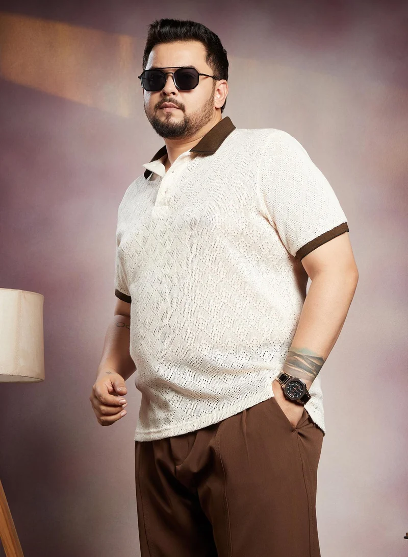 Instafab Plus Instafab Plus Men's White & Brown Contrast Quad Polo T-Shirt For Casual Wear | Polo Neck | Short Cuffed Sleeves | Half-Button Closure | Plus Size T-Shirt Crafted With Comfort Fit For Everyday Wear