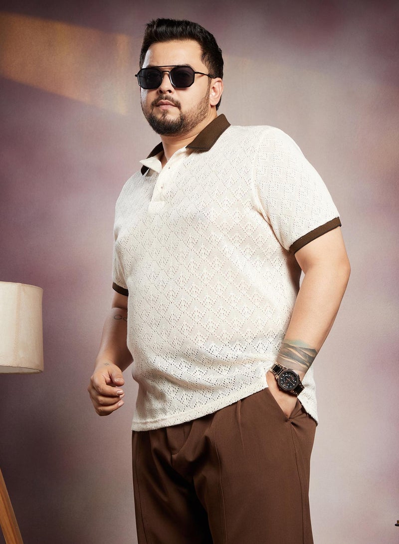 Instafab Plus Men's Chalk White & Chocolate Brown Contrast Quad Polo T-Shirt - Image 1