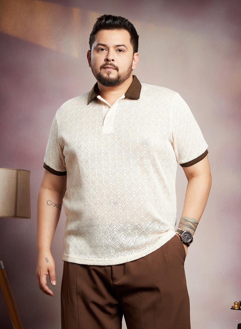 Instafab Plus Men's Chalk White & Chocolate Brown Contrast Quad Polo T-Shirt - Image 2