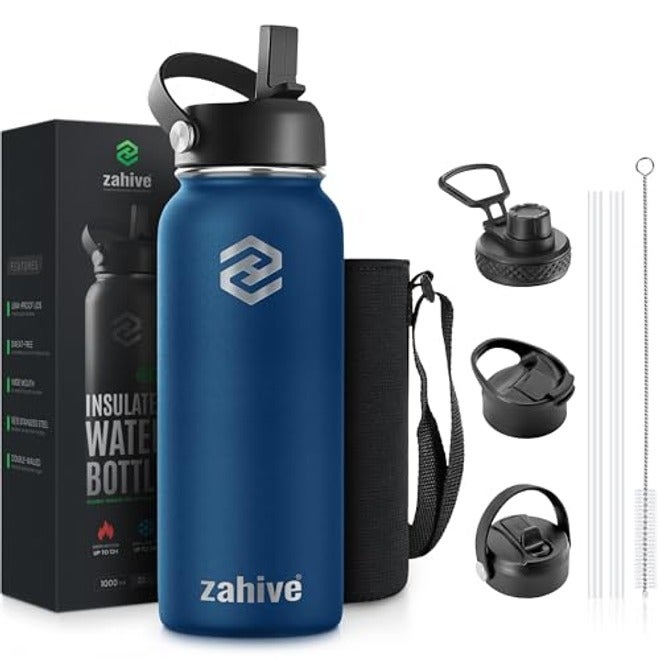 Zahive 1L Insulated Stainless Steel Water Bottle with 3 Lids & Bag - Leak-Proof Flask for Hot & Cold Drinks