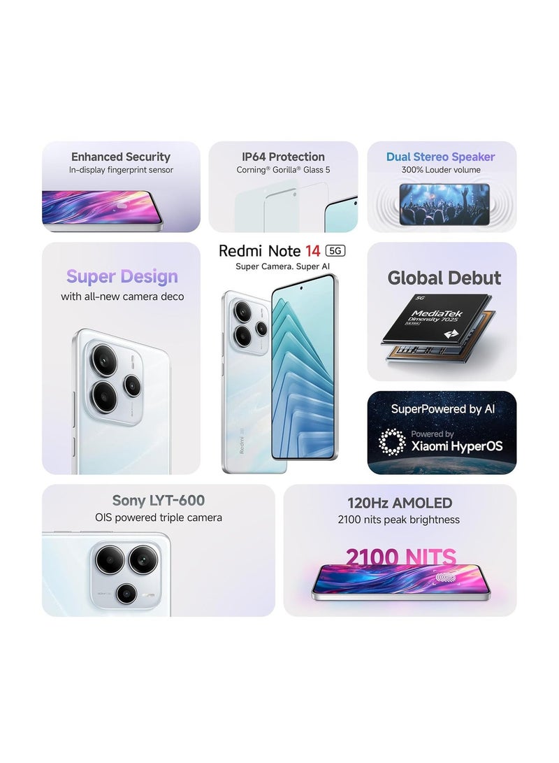 Xiaomi Redmi Note 14 5G (Mystique White, 8GB RAM 256GB Storage) | Global Debut MTK Dimensity 7025 Ultra | 2100 nits Segment Brightest 120Hz AMOLED | 50MP Sony LYT 600 OIS+EIS Triple Camera - Image 4