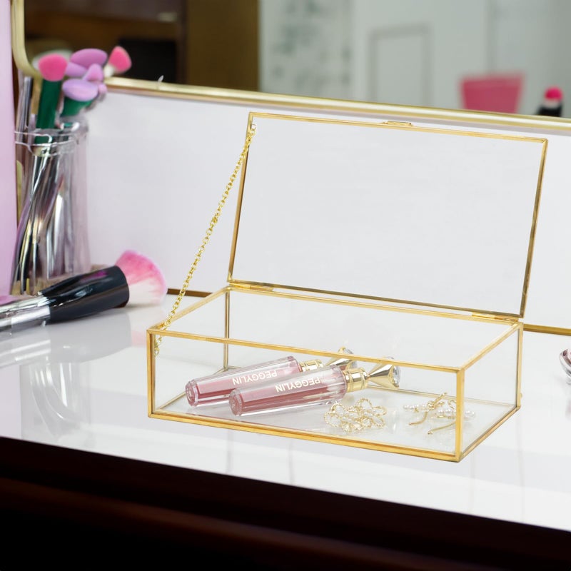 ZEXALOR Clear Glass Decorative Box for Organizing Photos, Jewelry, Small Items - Golden Dresser Drawer Organizer, Transparant Small Storage Bin Container with Lid (Upgrade, 8x4,3x2,3") - Image 2