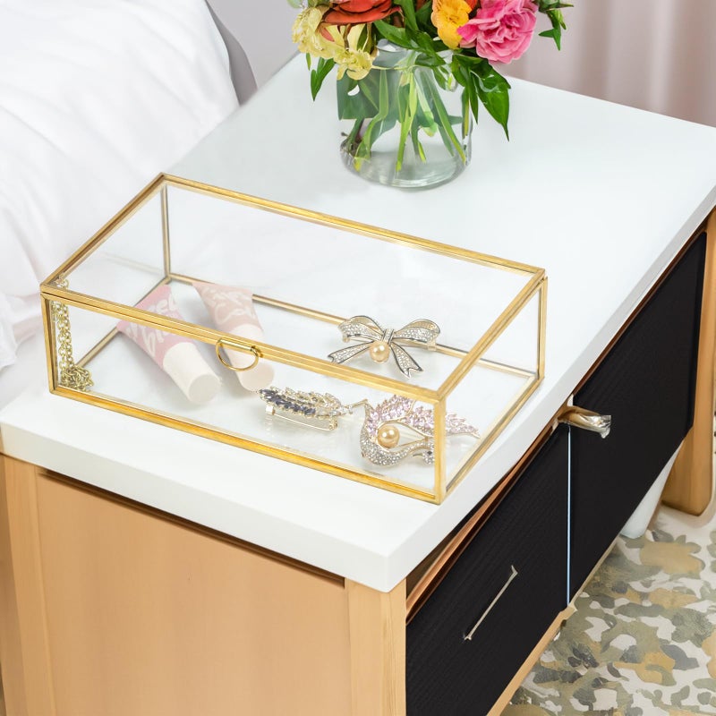 ZEXALOR Clear Glass Decorative Box for Organizing Photos, Jewelry, Small Items - Golden Dresser Drawer Organizer, Transparant Small Storage Bin Container with Lid (Upgrade, 8x4,3x2,3") - Image 4