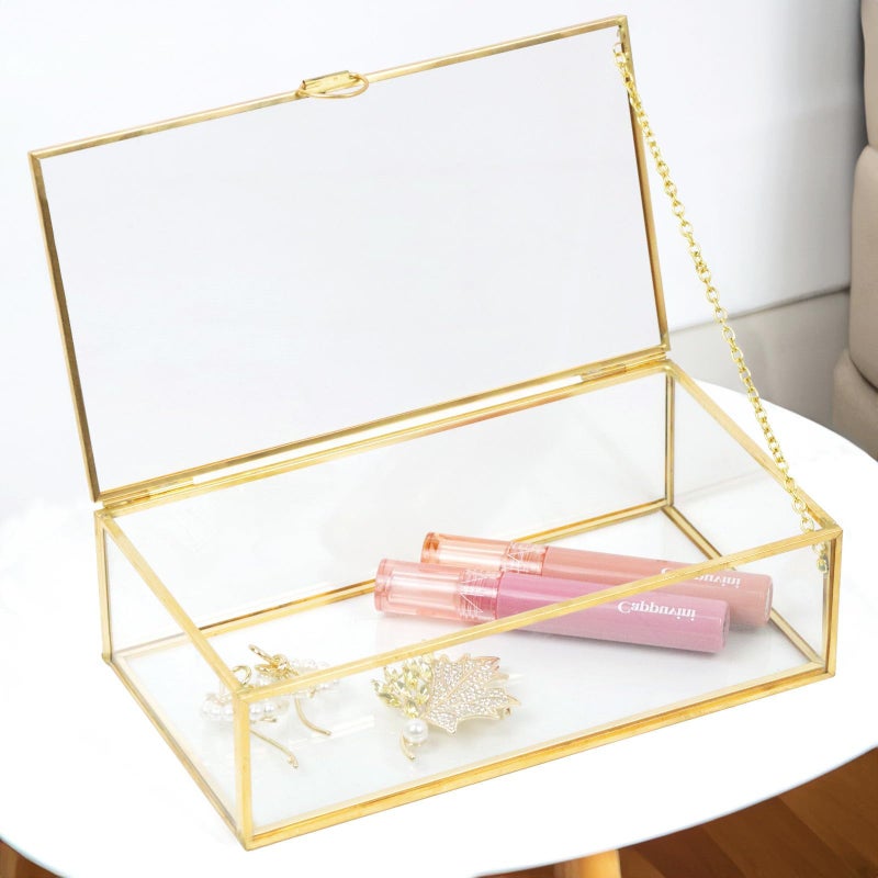 ZEXALOR Clear Glass Decorative Box for Organizing Photos, Jewelry, Small Items - Golden Dresser Drawer Organizer, Transparant Small Storage Bin Container with Lid (Upgrade, 8x4,3x2,3") - Image 1