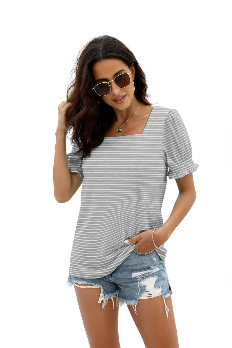 WIHOLL Short Sleeve Shirts and Tops for Women Elegant Square Neck Blouses Business Casual Grey Stripe M - Image 3