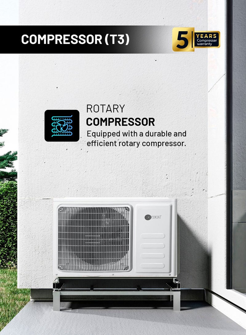 عفرا مكيف هواء نوع سبليت بسعة 1.0 طن، ضاغط دوار، تبريد توربو، إعادة تشغيل تلقائية، شاشة LED مخفية، ضوضاء منخفضة، مناخ T3، غاز تبريد R410a | ضمان 5 سنوات على الضاغط - Image 3