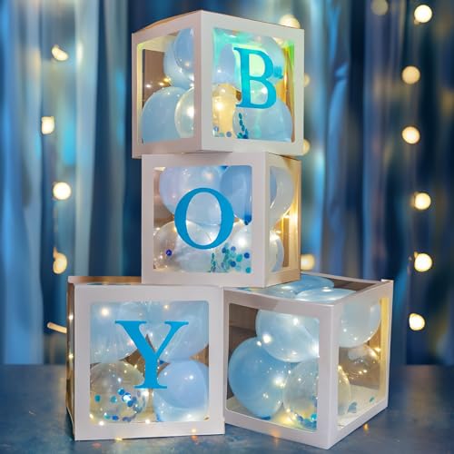 Uptotop Baby Shower Decorations Clear Balloon Blocks with Fairy String Lights 4 Pack Transparent Balloon Boxes Including 30 Letters 4 Warm White Fairy Lights 36 Latex Balloons Blue - Image 1