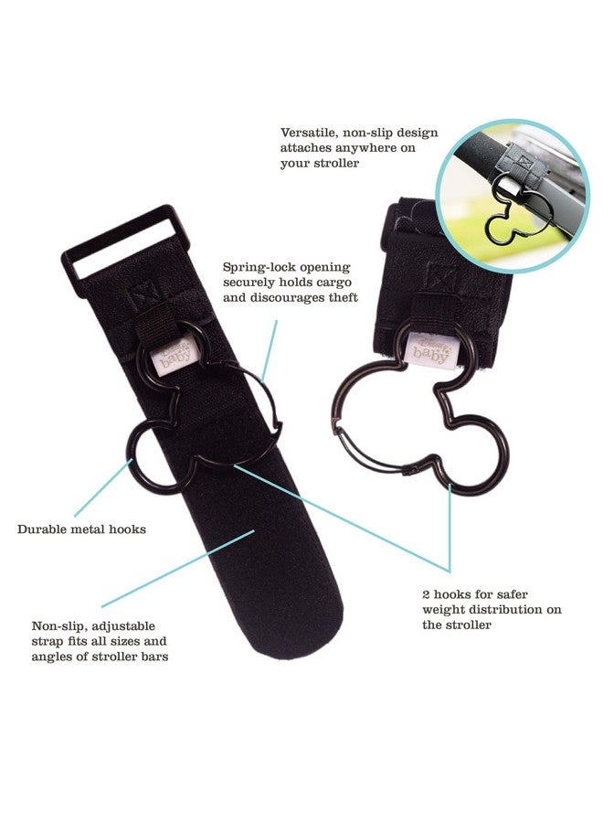 جي إل تشيلدريس خطافات عربة الأطفال ميكي ماوس من ديزني بيبي باي جيه إل تشايلدريس - مشابك عربة أطفال عالمية مع أحزمة مانعة للانزلاق - حلقات تثبيت متينة لحمل زجاجات المياه والحقائب - عبوة من قطعتين - ملحقات سفر من ديزني - أسود - Image 1