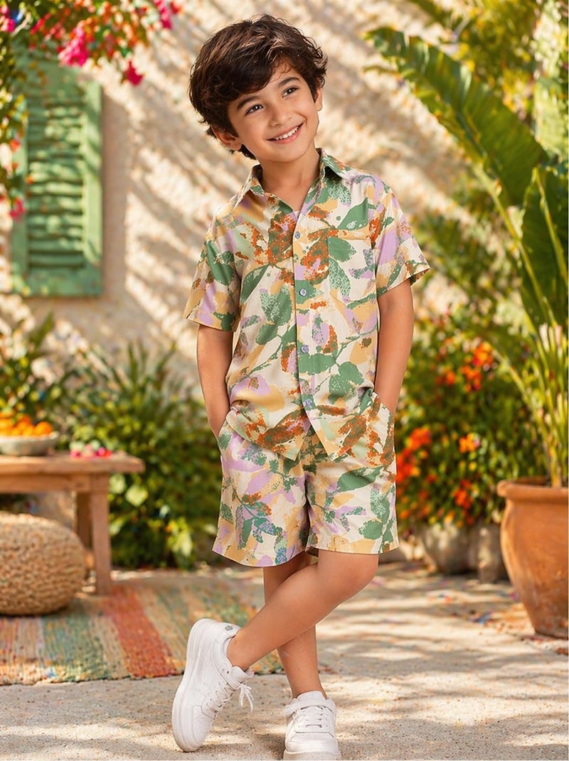 superminis Boys Coordinated Set With Printed Rayon Shirt and Shorts (2-3 Years, Green) - Image 2