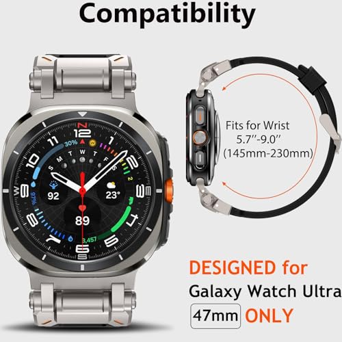 Wingle Compatible for Galaxy Watch Ultra Bands 47mm 2025/2024 Men Sport Silicone Rubber Band, Armor Military Rugged Samsung Galaxy Watch Ultra Band with Stainless Steel Metal Connector, Titanium/Black - Image 5