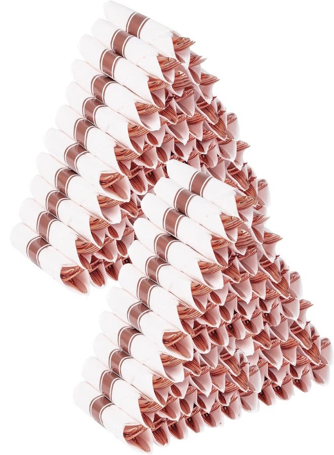 pyntop Rose Gold Disposable Plastic Silverware - 100Pack Pre Rolled Plastic Cutlery, Wrapped Party Silverware, Rolled Disposable Utensils with 100 Forks Knives Spoons Dinner Napkins for Party - Image 1
