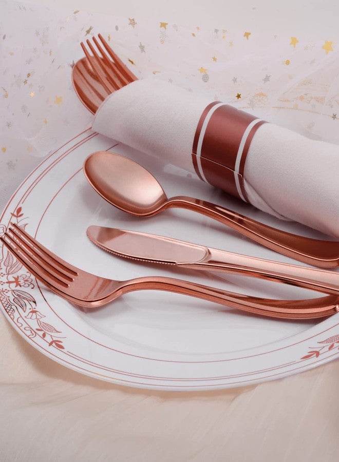 pyntop Rose Gold Disposable Plastic Silverware - 100Pack Pre Rolled Plastic Cutlery, Wrapped Party Silverware, Rolled Disposable Utensils with 100 Forks Knives Spoons Dinner Napkins for Party - Image 2