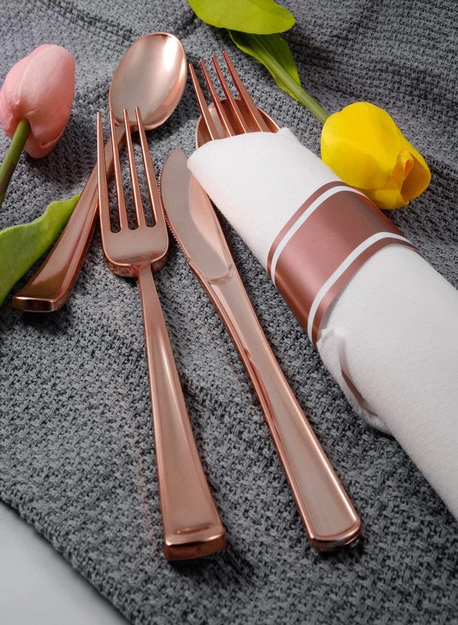 pyntop Rose Gold Disposable Plastic Silverware - 100Pack Pre Rolled Plastic Cutlery, Wrapped Party Silverware, Rolled Disposable Utensils with 100 Forks Knives Spoons Dinner Napkins for Party - Image 4