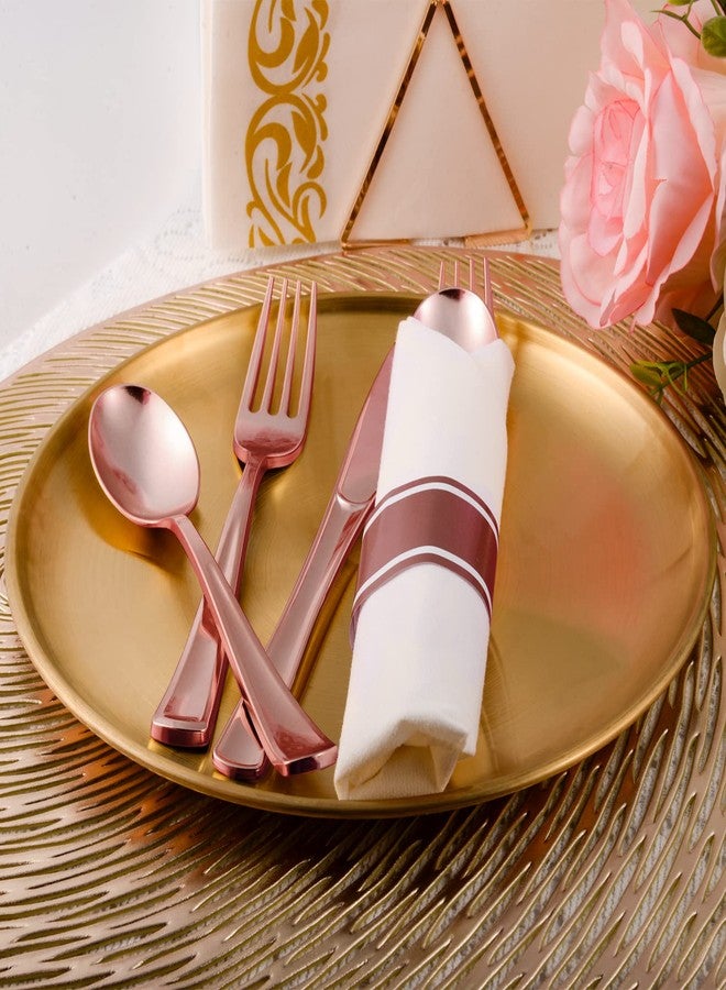 pyntop Rose Gold Disposable Plastic Silverware - 100Pack Pre Rolled Plastic Cutlery, Wrapped Party Silverware, Rolled Disposable Utensils with 100 Forks Knives Spoons Dinner Napkins for Party - Image 3