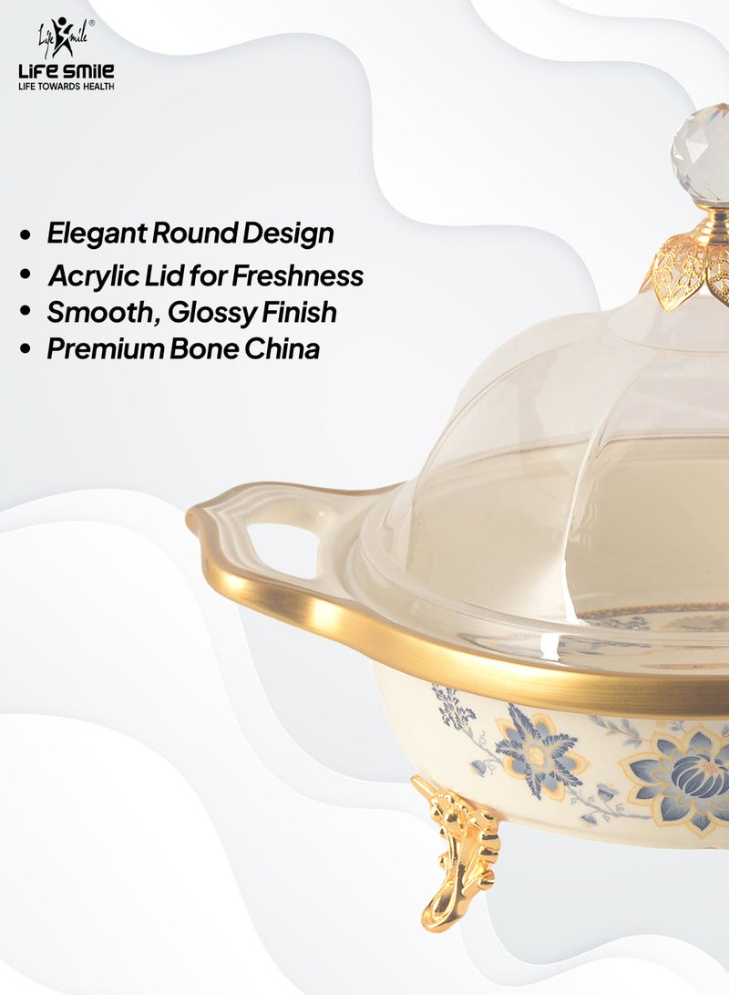 Life Smile Life Smile LIFE SMILE Round Bone China Fruit Bowl With Cover  - Serving Basket with Gold Stand and Acrylic Lid with Knob For Fruit,Snack, Nuts ,Cake & Dessert Storage - Image 4