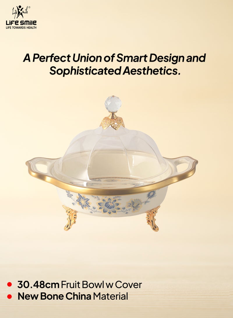 Life Smile Life Smile LIFE SMILE Round Bone China Fruit Bowl With Cover  - Serving Basket with Gold Stand and Acrylic Lid with Knob For Fruit,Snack, Nuts ,Cake & Dessert Storage - Image 2