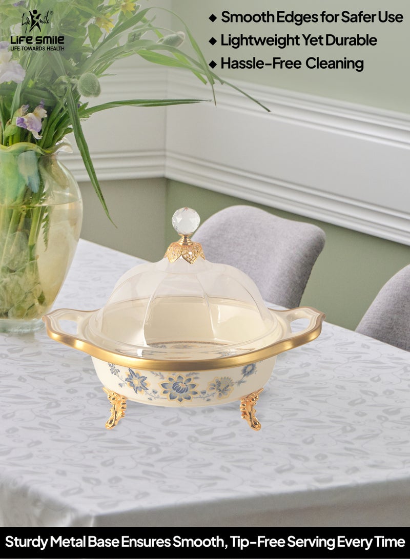 Life Smile Life Smile LIFE SMILE Round Bone China Fruit Bowl With Cover  - Serving Basket with Gold Stand and Acrylic Lid with Knob For Fruit,Snack, Nuts ,Cake & Dessert Storage - Image 5