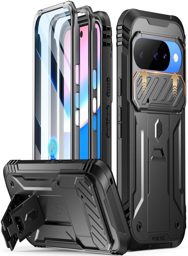 Poetic Revolution Case for Google Pixel 10/10 Pro 5G, [Slide Camera Cover], Built-in Screen Protector [Work with Fingerprint ID], [2 Front Frame] Full Body Rugged Shockproof Case with Kickstand, Black - Image 1