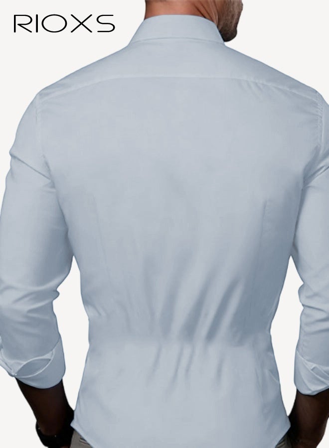 ريوكس قمصان رسمية رجالية ضيقة، قمصان رسمية طويلة الأكمام بلون موحد، قمصان رسمية رياضية ضيقة وقابلة للتمدد، قمصان رسمية متعددة الاستخدامات لجميع المواسم، قمصان رسمية لضيوف حفلات الزفاف، ملابس مناسبة لحفلات العشاء الفاخرة - Image 2