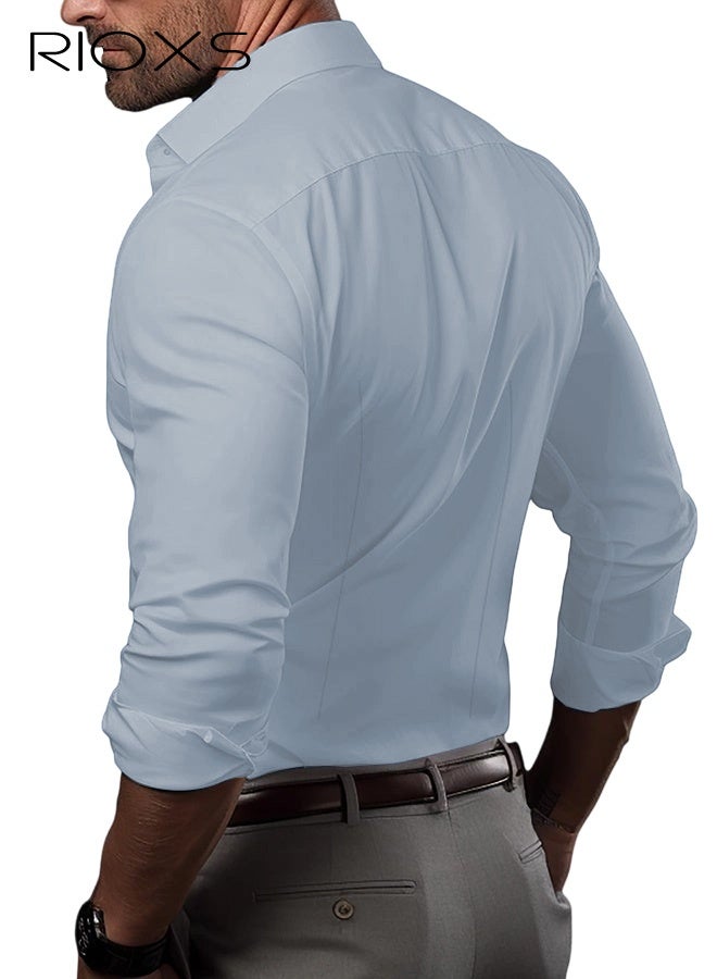 ريوكس قمصان رسمية رجالية ضيقة، قمصان رسمية طويلة الأكمام بلون موحد، قمصان رسمية رياضية ضيقة وقابلة للتمدد، قمصان رسمية متعددة الاستخدامات لجميع المواسم، قمصان رسمية لضيوف حفلات الزفاف، ملابس مناسبة لحفلات العشاء الفاخرة - Image 4