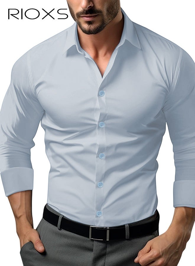 ريوكس قمصان رسمية رجالية ضيقة، قمصان رسمية طويلة الأكمام بلون موحد، قمصان رسمية رياضية ضيقة وقابلة للتمدد، قمصان رسمية متعددة الاستخدامات لجميع المواسم، قمصان رسمية لضيوف حفلات الزفاف، ملابس مناسبة لحفلات العشاء الفاخرة - Image 1