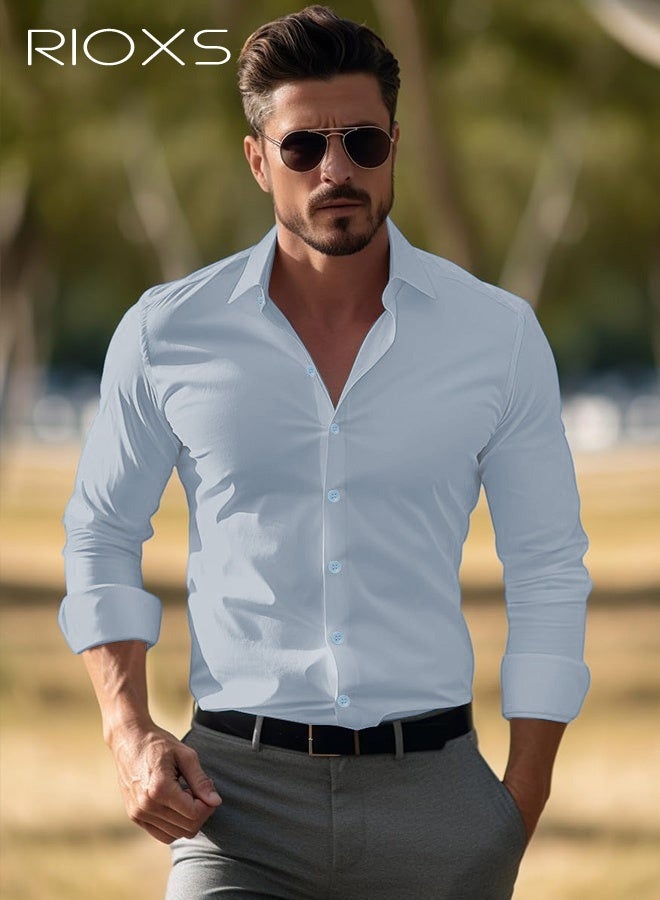 ريوكس قمصان رسمية رجالية ضيقة، قمصان رسمية طويلة الأكمام بلون موحد، قمصان رسمية رياضية ضيقة وقابلة للتمدد، قمصان رسمية متعددة الاستخدامات لجميع المواسم، قمصان رسمية لضيوف حفلات الزفاف، ملابس مناسبة لحفلات العشاء الفاخرة - Image 3