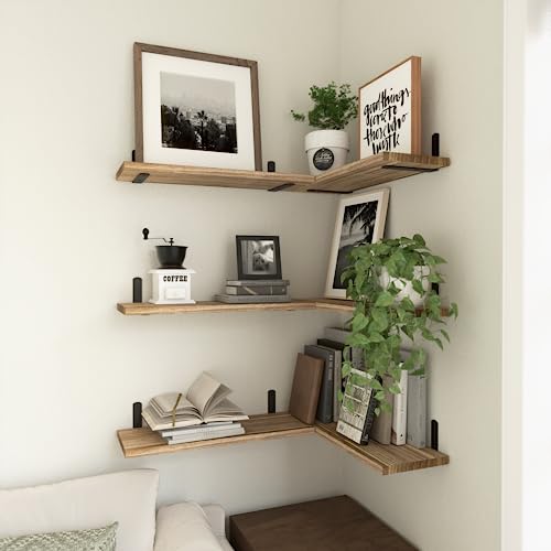 WOPITUES Wood Floating Shelves Set of 6, Shelves for Wall Decor, Farmhouse Shelf for Bedroom, Bathroom Storage Shelves, Book Shelves for Living Room - Rustic Brown - Image 4