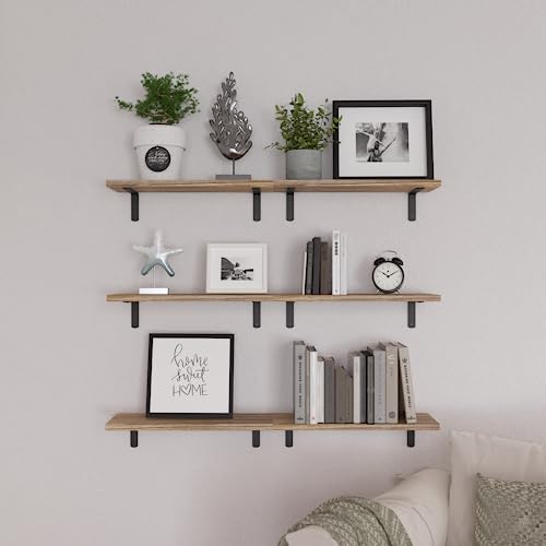 WOPITUES Wood Floating Shelves Set of 6, Shelves for Wall Decor, Farmhouse Shelf for Bedroom, Bathroom Storage Shelves, Book Shelves for Living Room - Rustic Brown - Image 5
