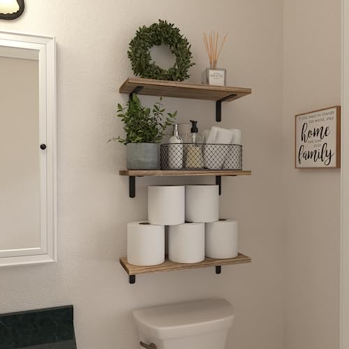 WOPITUES Wood Floating Shelves Set of 6, Shelves for Wall Decor, Farmhouse Shelf for Bedroom, Bathroom Storage Shelves, Book Shelves for Living Room - Rustic Brown - Image 3