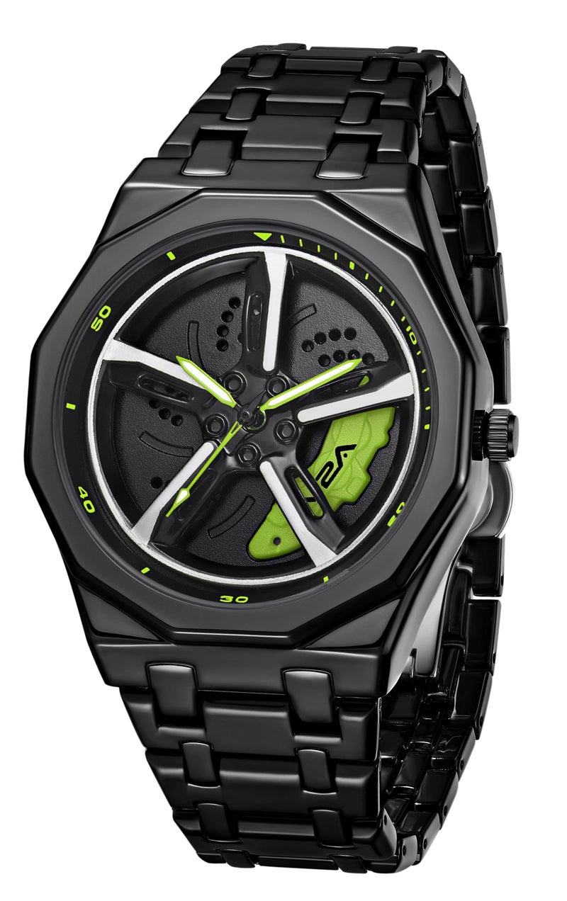 V2A Vortex Men's Spinning Car Wheels Watch for Men– Octagonal Alloy Case with Stainless Steel Band | Analog Timepiece | Bold Sports Watch for Car Enthusiasts in Black-Green - Image 1